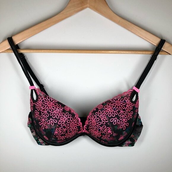 VICTORIA’S Secret  Sexy Little Thing Pink Embroidered Floral Black Bra 32C - Picture 1 of 6